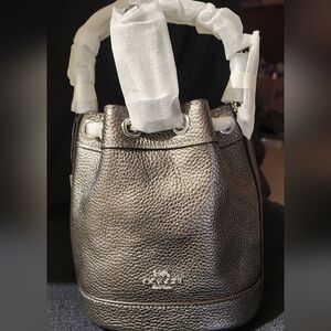 Coach Metallic Pebbled Leather Drawstring Bucket Bag - Bronze Metallic